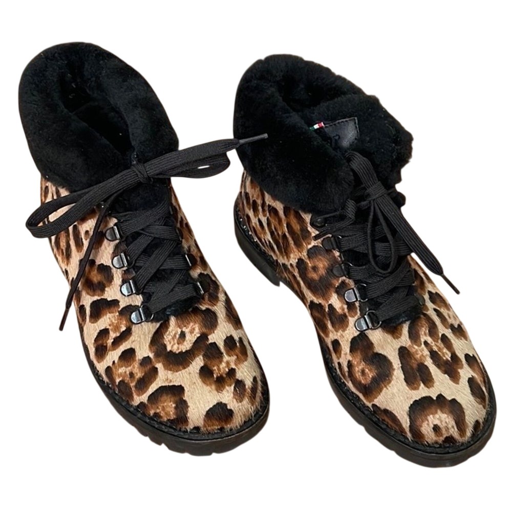 Oscar Sport Kira Leopard Calf Hair Fur Trim Hiking Boots Lace up‎ EU 38